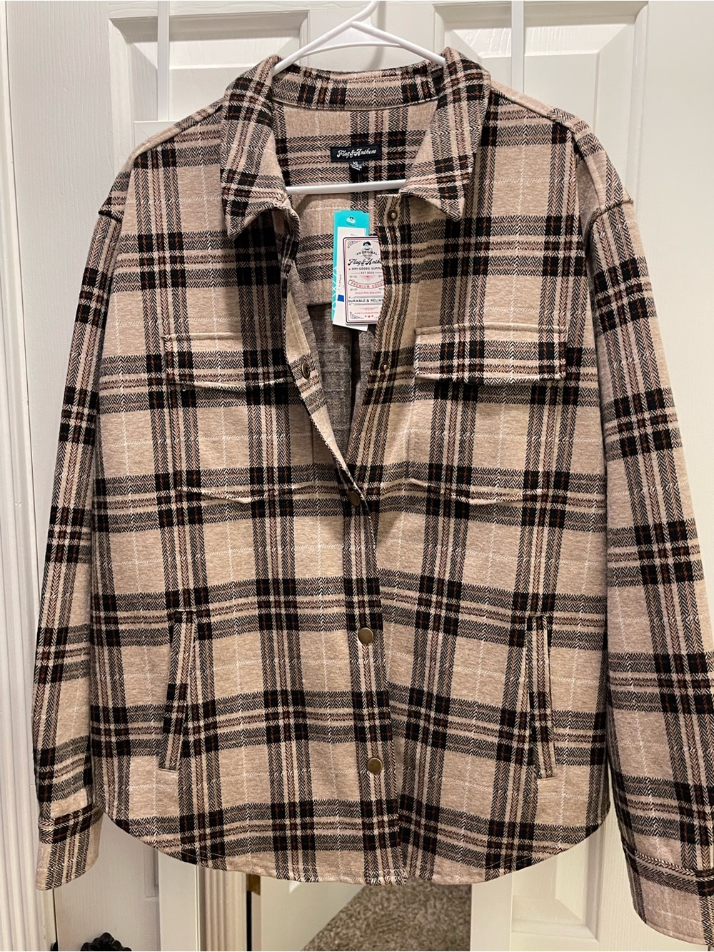 Plaid Utility Shacket Jacket in Beige and Black by Paper Moon